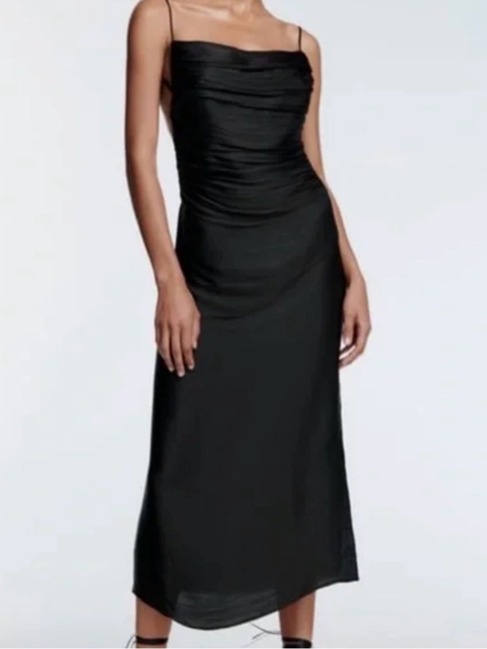 Zara Black Backless Midi Slip Dress with Side Thigh Slit, Satin effect